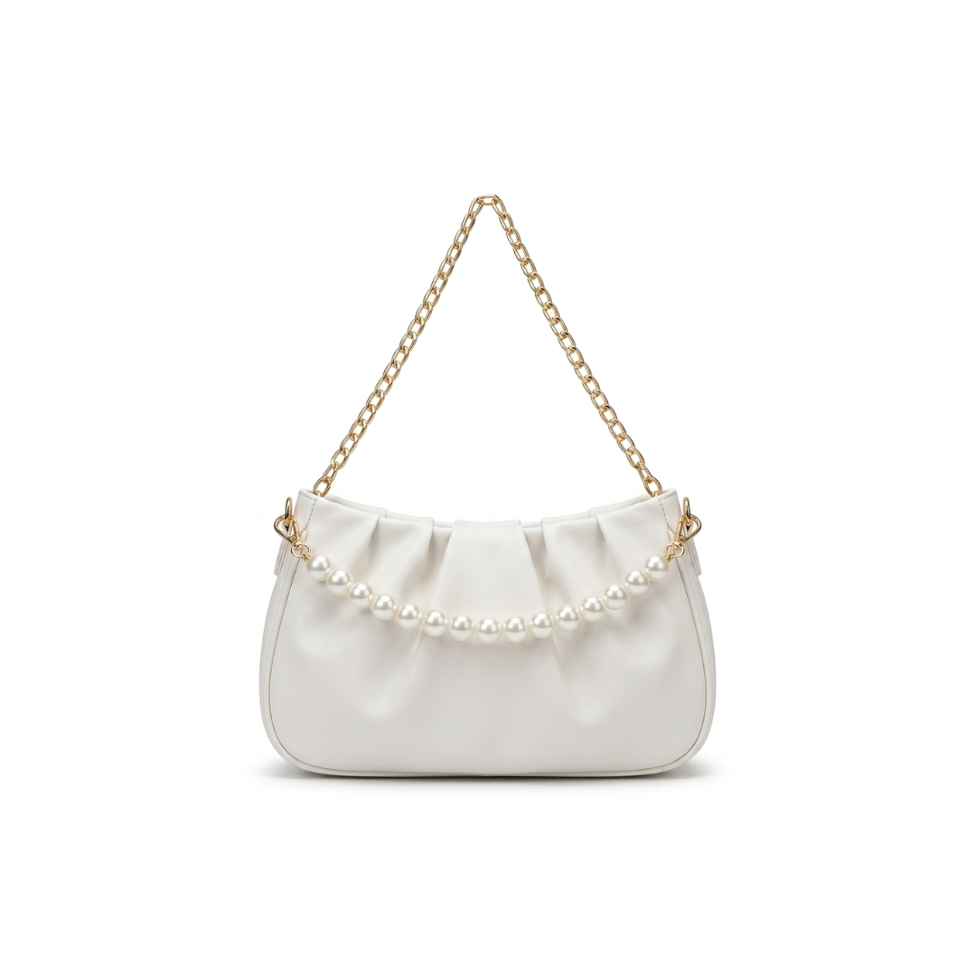 Stella Ruched Shoulder Bag with Pearl Chain Strap