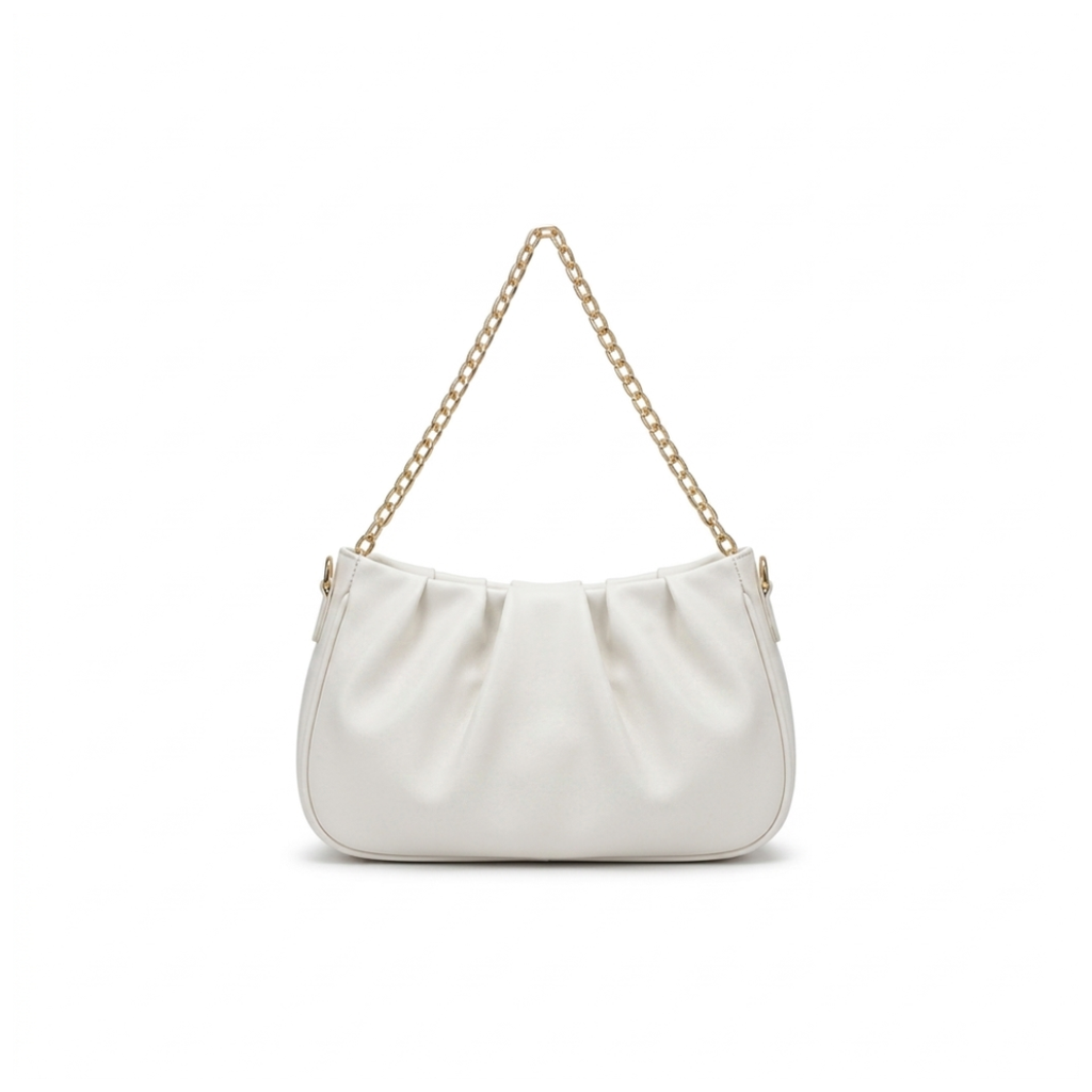 Stella Ruched Shoulder Bag with Pearl Chain Strap