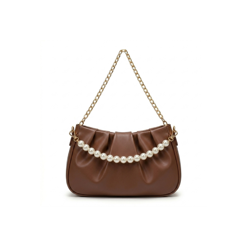 Stella Ruched Shoulder Bag with Pearl Chain Strap