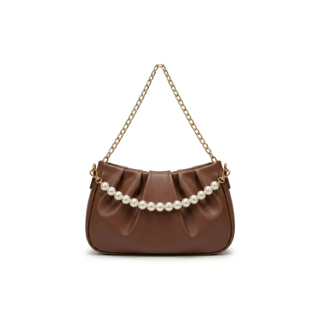 Stella Ruched Shoulder Bag with Pearl Chain Strap