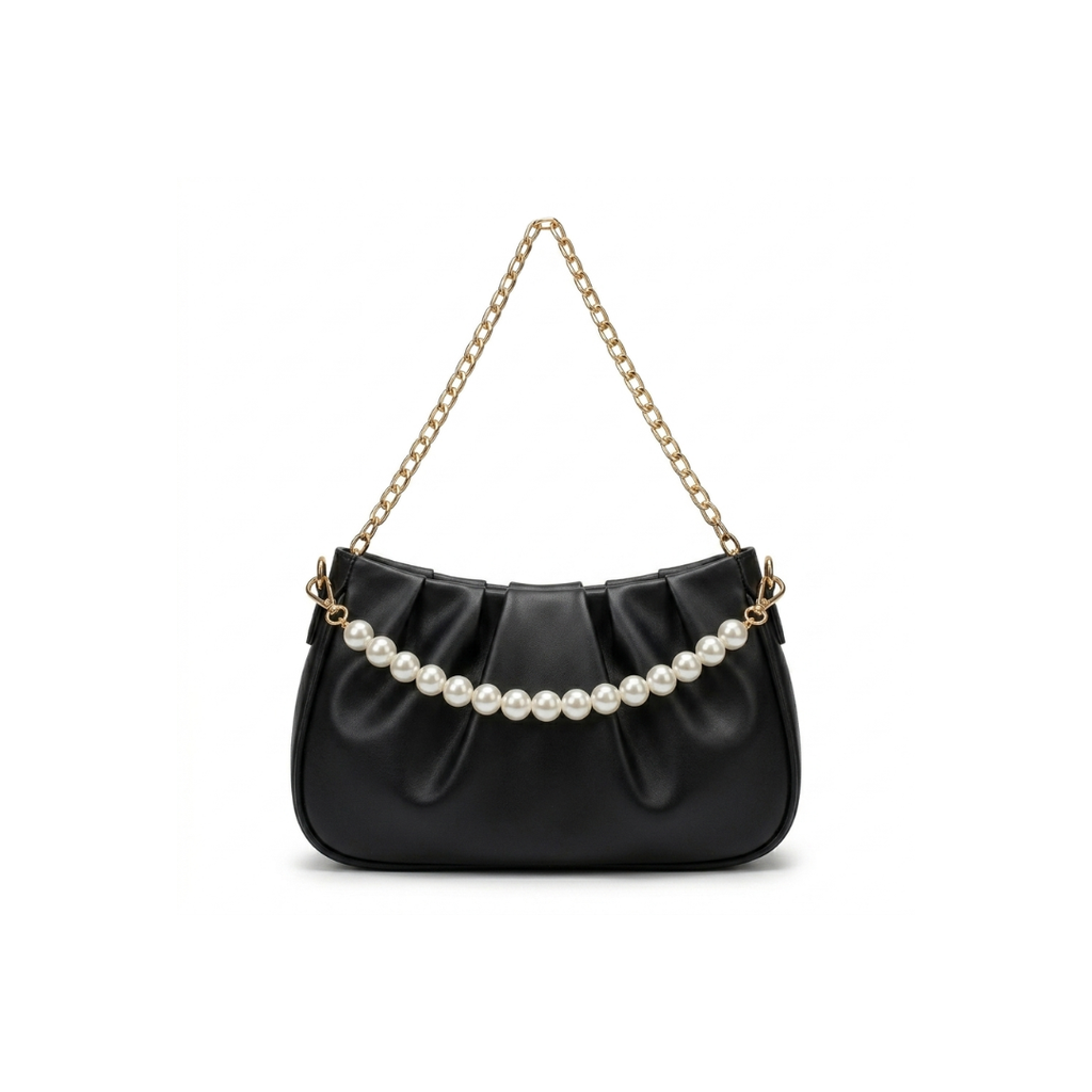 Stella Ruched Shoulder Bag with Pearl Chain Strap