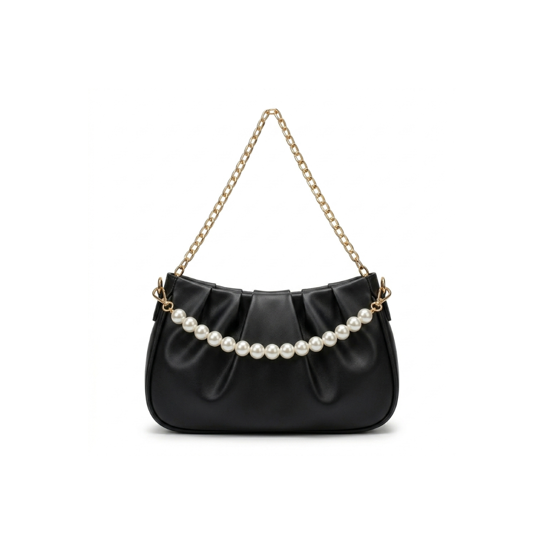 Stella Ruched Shoulder Bag with Pearl Chain Strap