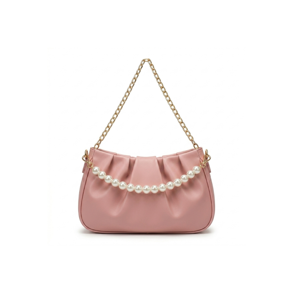 Stella Ruched Shoulder Bag with Pearl Chain Strap