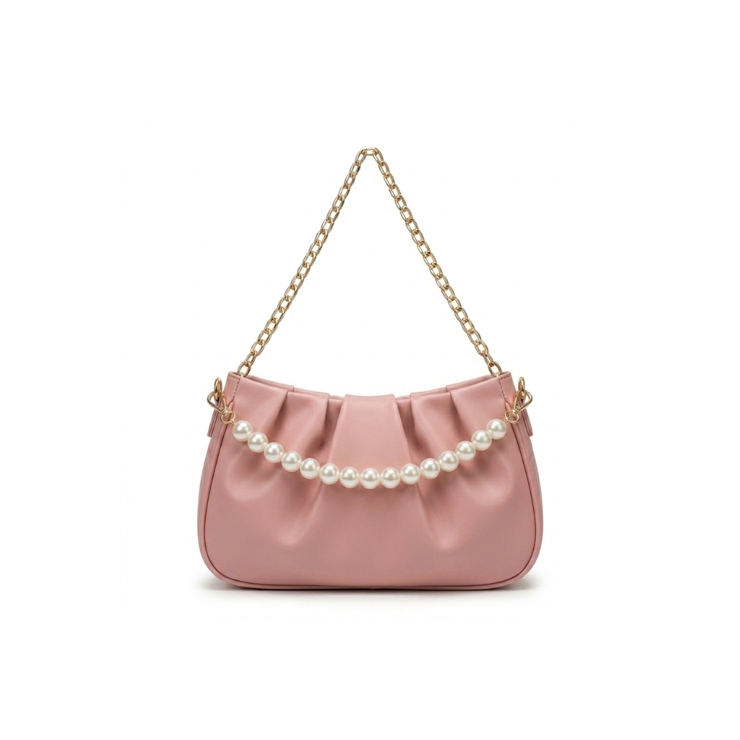 Stella Ruched Shoulder Bag with Pearl Chain Strap
