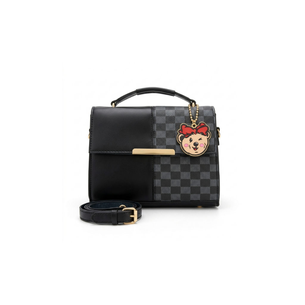 Classic Checkered Panel Satchel with Teddy Charm