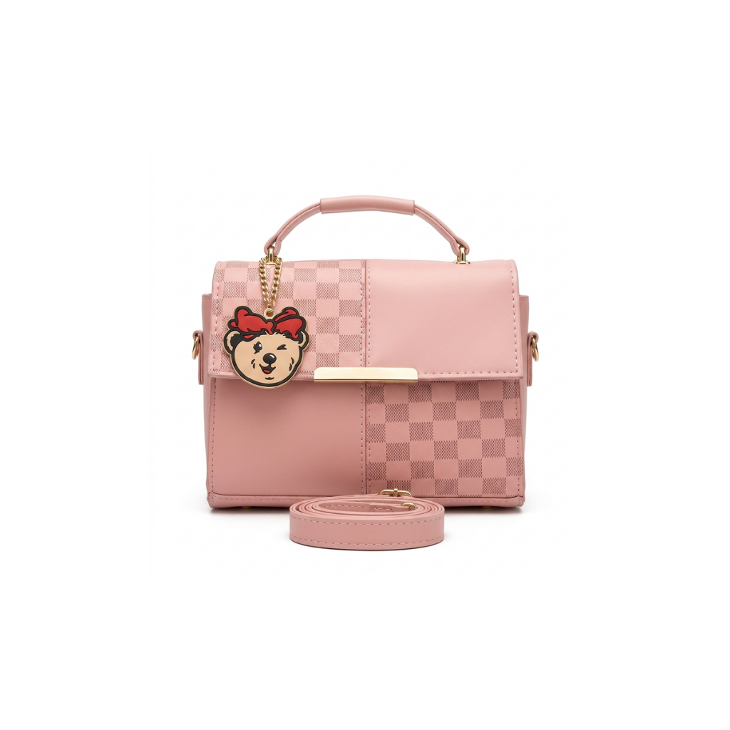 Classic Checkered Panel Satchel with Teddy Charm