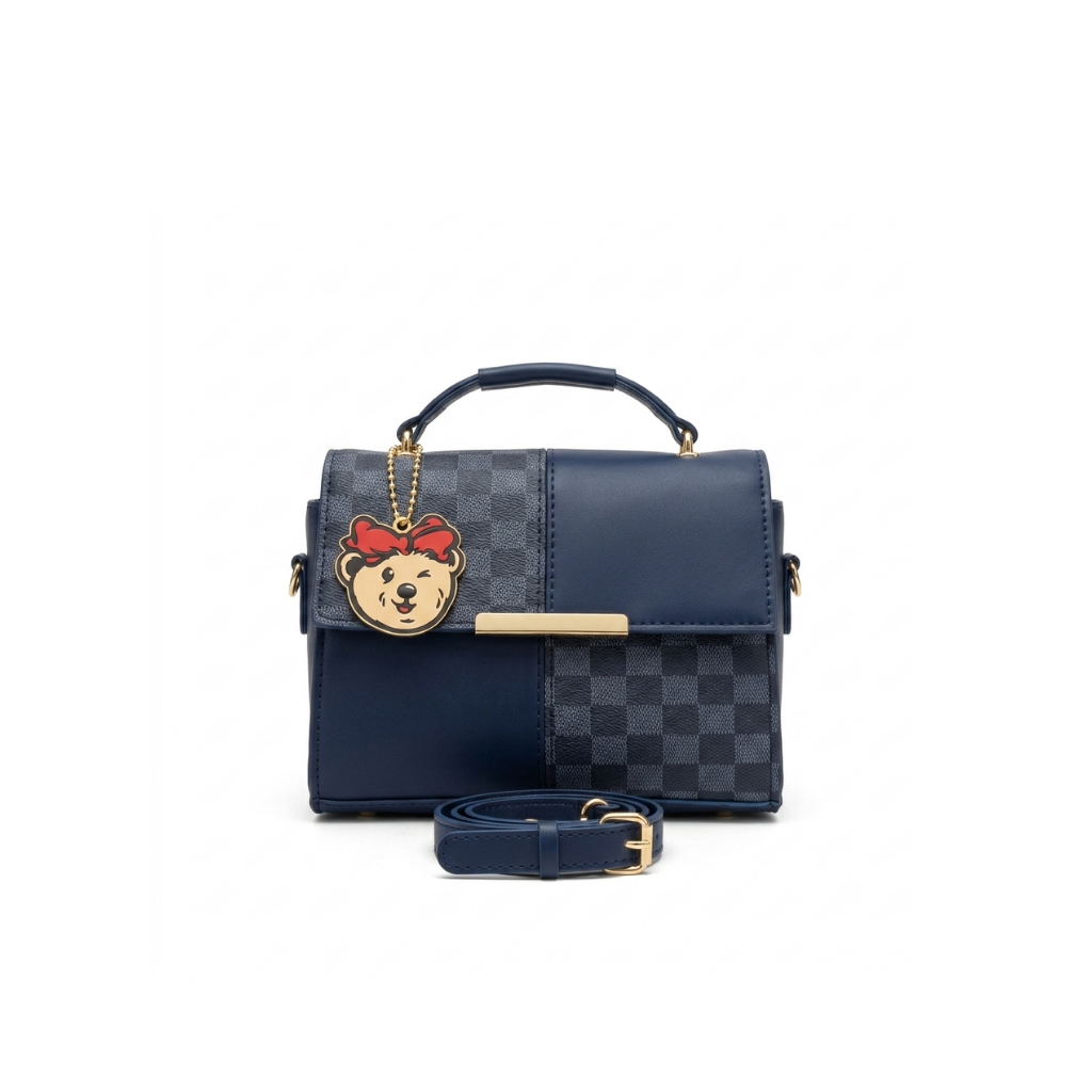 Classic Checkered Panel Satchel with Teddy Charm