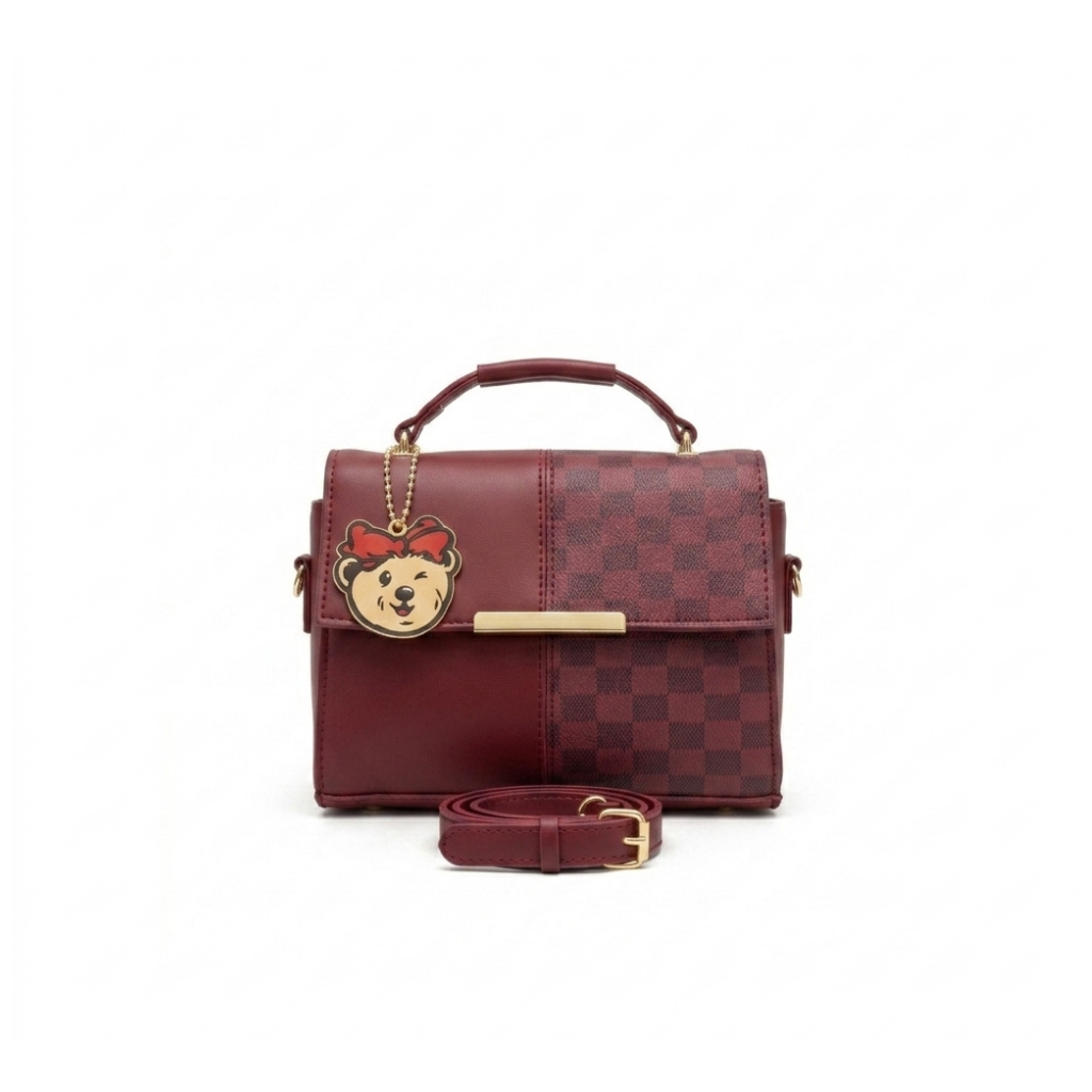 Classic Checkered Panel Satchel with Teddy Charm