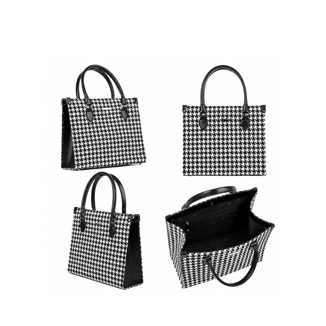 Noir Houndstooth Structured Tote